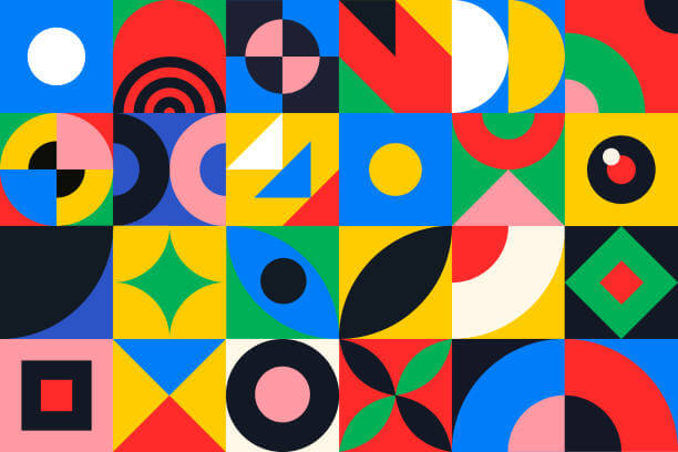 Des motifs géométriques vibrants dans une grille colorée, mettant en valeur des designs graphiques modernes aux formes audacieuses et aux couleurs variées.