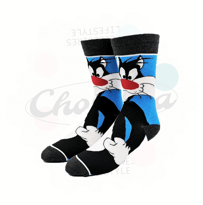 Chaussettes fantaisie Sylvestre avec motif de chat sur fond bleu, ajoutant une touche ludique à votre style.