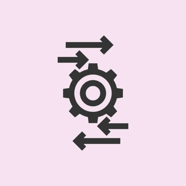 Pictogramme d'une roue crantee entouree de fleches representant le processus de retour ou d'echange d'un article