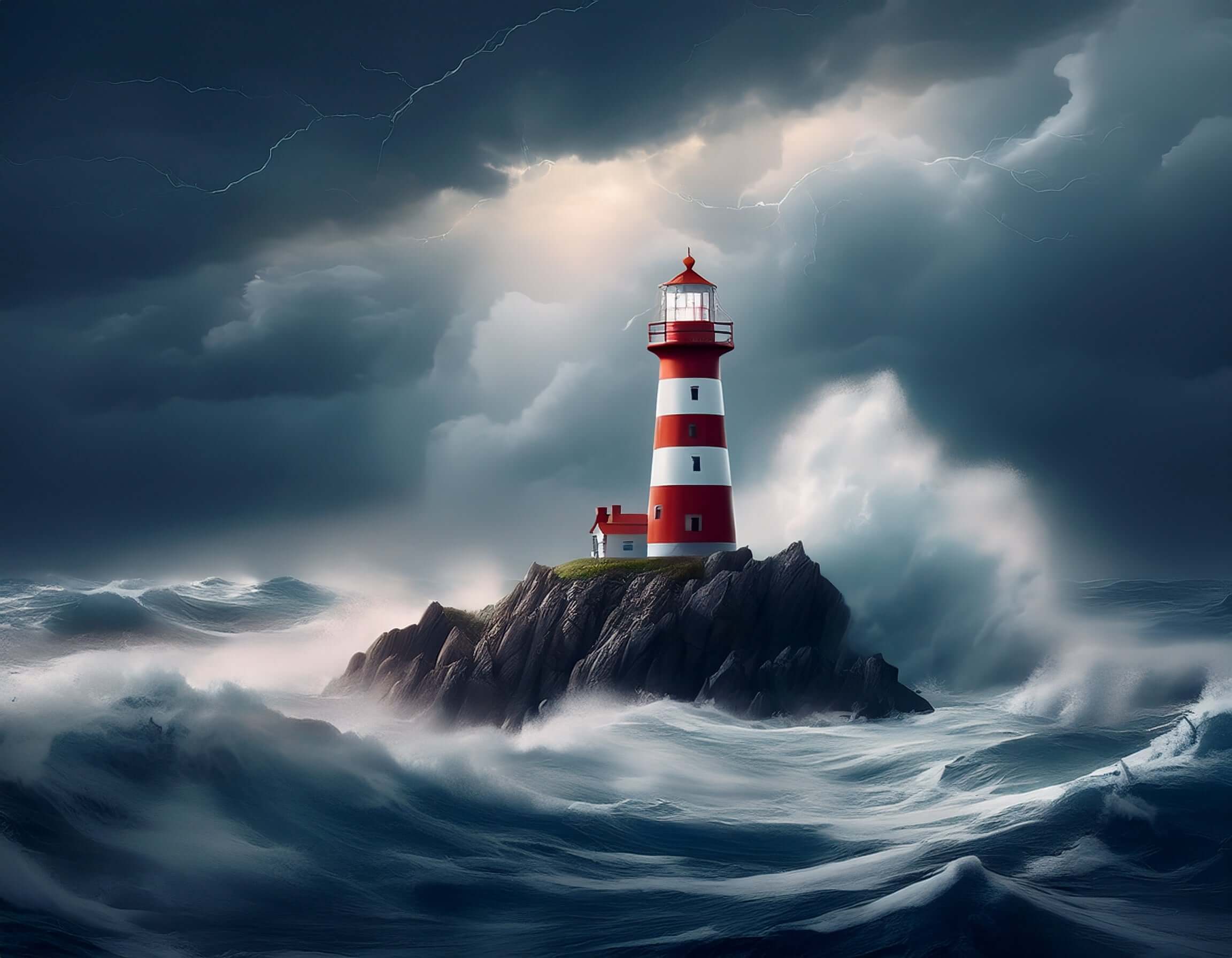 Phare breton dressé fièrement sur un éperon rocheux, au milieu d’une mer déchaînée et sous un ciel dramatique.